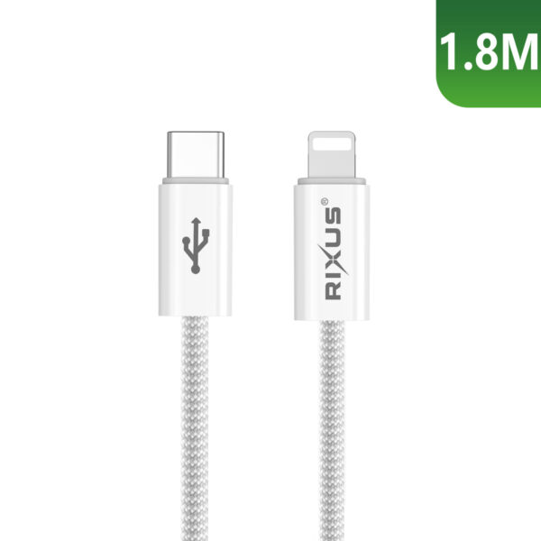 90000810147_A.jpg Rixus RXUC08L Fast Charging Cable USB-C To Lightning Connector Cable Braided Nylon 1.8m White