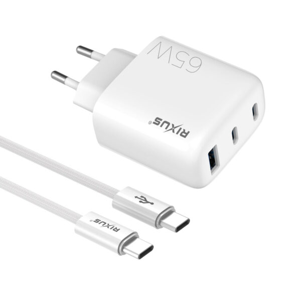 Rixus RXHC65C Fast Charger USB-C Cable 1.8m 65W White