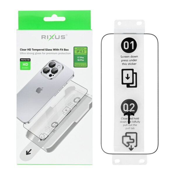 90000812712_A.jpg Rixus Clear HD Tempered Glass With Fit Box For Apple iPhone 17 Pro, 18 Pro