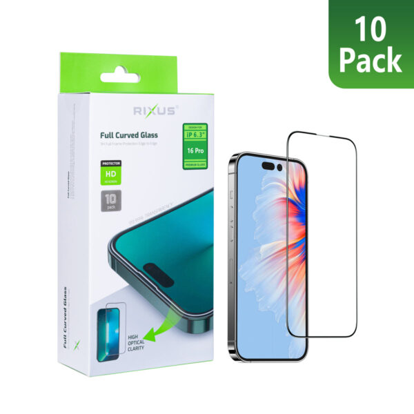 Rixus Clear HD Full Curved Edge Tempered Glass For Apple iPhone 16 Pro (10-Pack)