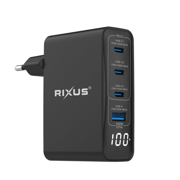 A00002258_A_dc82b37c-c643-4071-9af7-6b09ed217caa.jpg Rixus RX100 GaN Power Adapter With Digital Display 100W Black