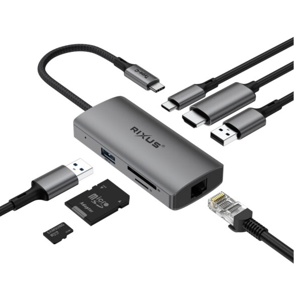 Rixus RXHU08 USB USB-C To Ethernet Adaptor With Docking Station Grey